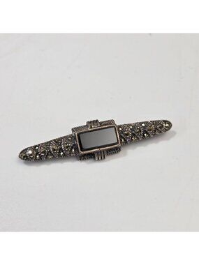 Vintage Art Deco Judith Jack 925 Silver Marcasite & Black Onyx Brooch